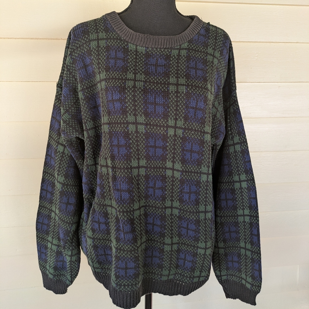 Men's Green and Blue Plaid Sweater Size M